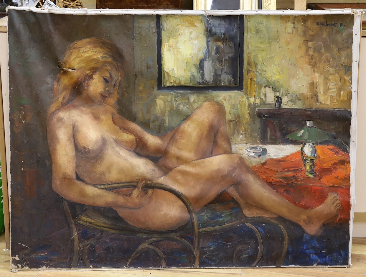 Continental School, oil on canvas, Female nude reclining in a chair, indistinctly signed, 89 x 118cm, unframed